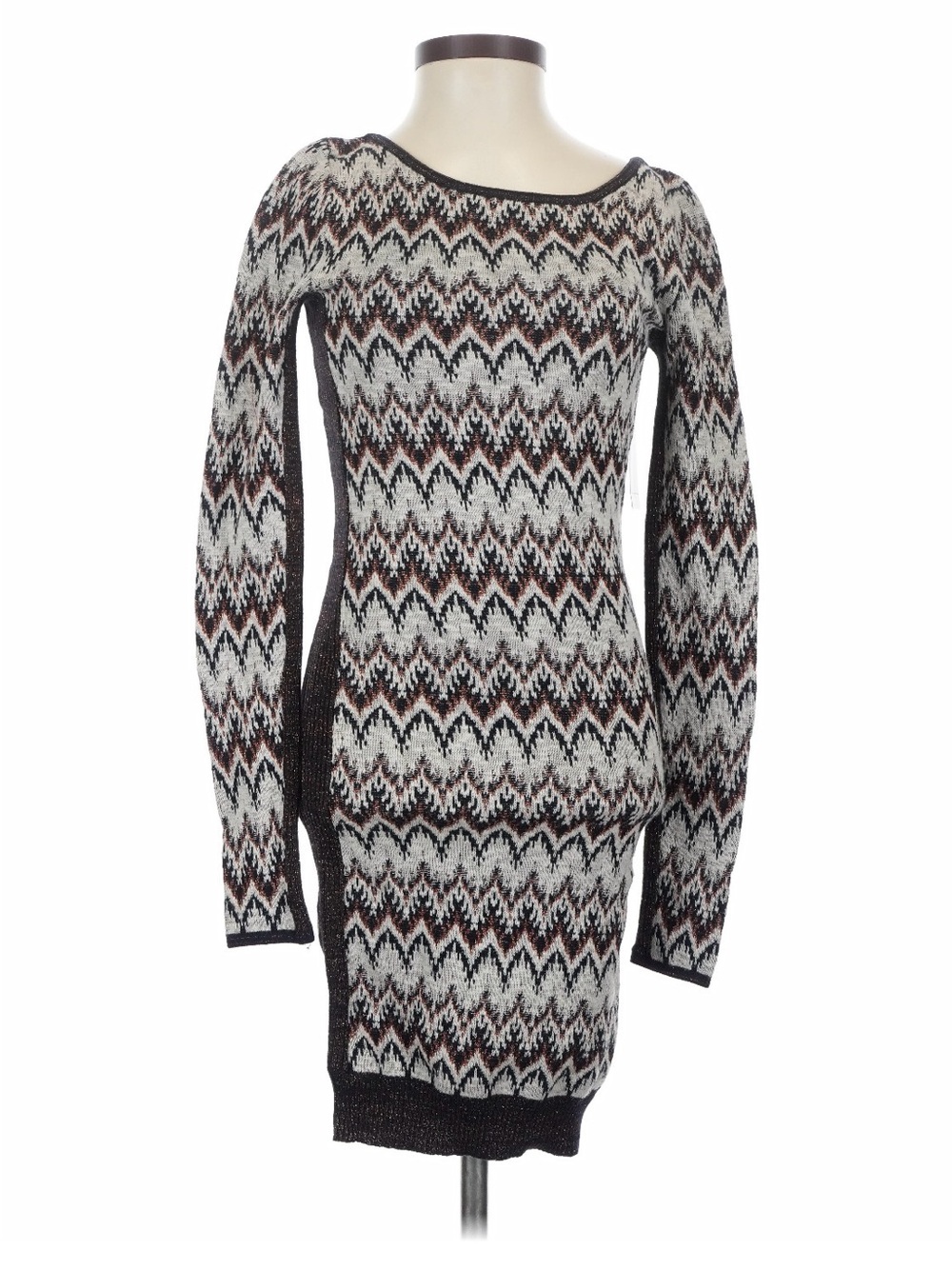 Free People Chevron Knit Long Sleeve Dress in White, Brown & Black